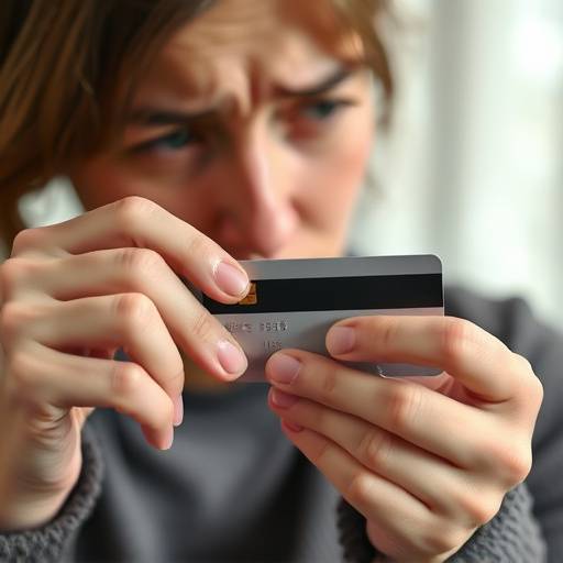 A person holding a credit card with a worried expression